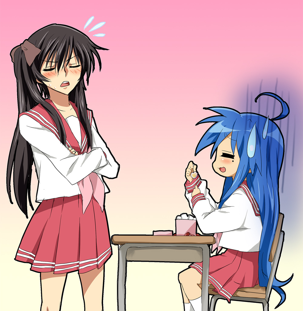 maruki (punchiki), hiiragi kagami, izumi konata, luluko, code geass, lucky star, bad id, bad pixiv id, 1boy, 1girl, ahoge, black hair, blush, bow, chair, cosplay, crossdressing, crossed arms, crossover, desk, food, gloom (expression), hair bow, hiiragi kagami (cosplay), mole, mole under eye, school uniform, serafuku, sitting, sweatdrop, tsundere, | | |