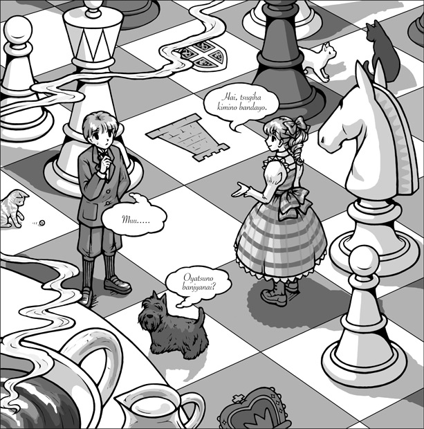 arisawa tatsumi, translated, 1boy, 1girl, board game, boots, bow, cat, chess, dog, from above, greyscale, isometric, knickers, long hair, monochrome, oversized object, romaji text