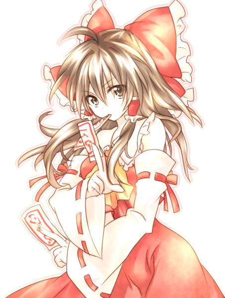 riichu, hakurei reimu, touhou, bad id, bad pixiv id, 1girl, armpits, bare shoulders, bow, brown eyes, brown hair, detached sleeves, female focus, fighting stance, hair bow, japanese clothes, large bow, long hair, miko, mouth hold, ofuda, ribbon, serious, simple background, solo