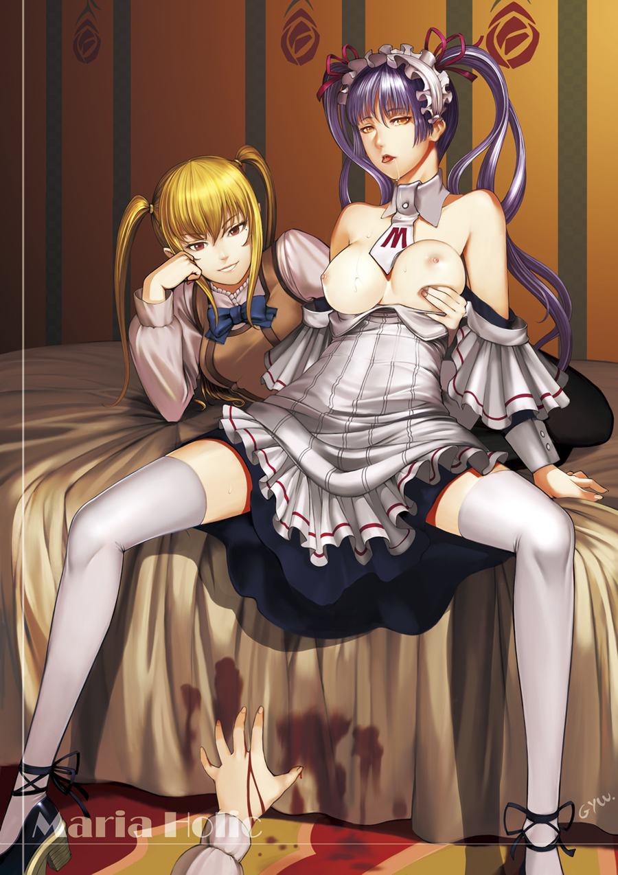 gyworz, miyamae kanako, shidou mariya, shinouji matsurika, maria holic, screencap, highres, 00s, 1boy, 1girl, :p, apron, bare shoulders, bed, black pantyhose, blonde hair, blood, blouse, bow, breasts, clothes pull, crossdressing, detached collar, dress pull, frilled hairband, frills, grabbing another's breast, groping, hair between eyes, hair ribbon, hairband, hetero, indoors, large breasts, lips, long hair, lying, maid, maid apron, mole, mole under eye, nipples, no bra, orange eyes, pantyhose, purple hair, reaching, red eyes, ribbon, saliva, school uniform, shirt, shoes, sidelocks, sitting, spread legs, thighhighs, tongue, tongue out, trap, twintails, two side up, white shirt, white thighhighs, zettai ryouiki
