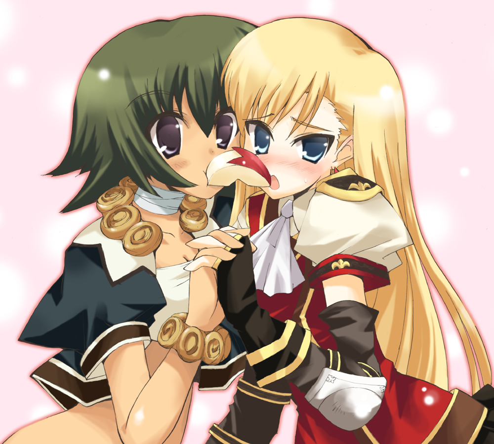 ouhashi, morgan (tears to tiara), octavia (tears to tiara), tears to tiara, 00s, 2girls, apple, ascot, bandages, bandeau, blonde hair, blue eyes, blush, bracelet, choker, earrings, elbow gloves, elbow pads, fingerless gloves, food, fruit, gloves, green hair, holding hands, jewelry, long hair, midriff, mouth hold, multiple girls, open mouth, purple eyes, shared food, short hair, strapless, tube top, very long hair, yuri