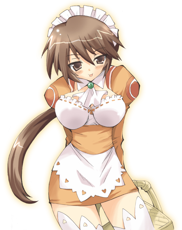 ouhashi, paffel, summon night, summon night 2, 1girl, :p, basket, brown hair, female focus, long hair, maid, maid headdress, orange shirt, ponytail, shirt, solo, thighhighs, tongue, tongue out, zettai ryouiki