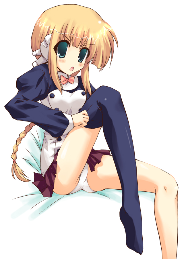 ouhashi, silfa (to heart), to heart (series), to heart 2, 00s, angry, blonde hair, braid, braided ponytail, panties, ponytail, robot ears, single braid, solo, thighhighs, underwear