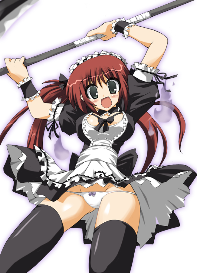 ouhashi, airi (queen's blade), airi (the infernal temptress), queen's blade, 00s, 1girl, bow, bowtie, female focus, lingerie, lowleg, lowleg panties, maid, maid headdress, panties, pantyshot, petticoat, scythe, solo, thighhighs, underwear, upskirt