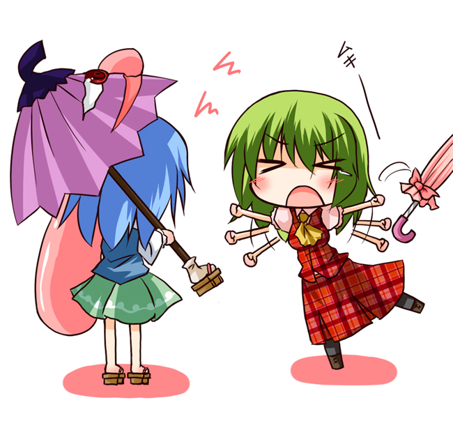 kuraryu, kazami yuuka, tatara kogasa, touhou, bad id, bad pixiv id, > <, 2girls, ascot, blue hair, blush, chibi, closed eyes, closed umbrella, female focus, geta, green hair, karakasa obake, multiple girls, pantyhose, plaid clothes, plaid skirt, plaid vest, short hair, simple background, skirt, skirt set, tongue, trait connection, umbrella, unmoving pattern, vest, white background