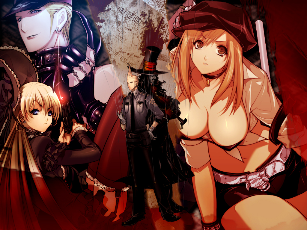 yagami akira (dream theater), original, bad id, bad pixiv id, 2girls, 3boys, bell, bikini, bikini top only, black hair, blonde hair, blue eyes, breasts, brown eyes, choker, cleavage, garter belt, gun, hat, large breasts, marionette, military, military uniform, multiple boys, multiple girls, puppet, swimsuit, thighhighs, thread, top hat, weapon