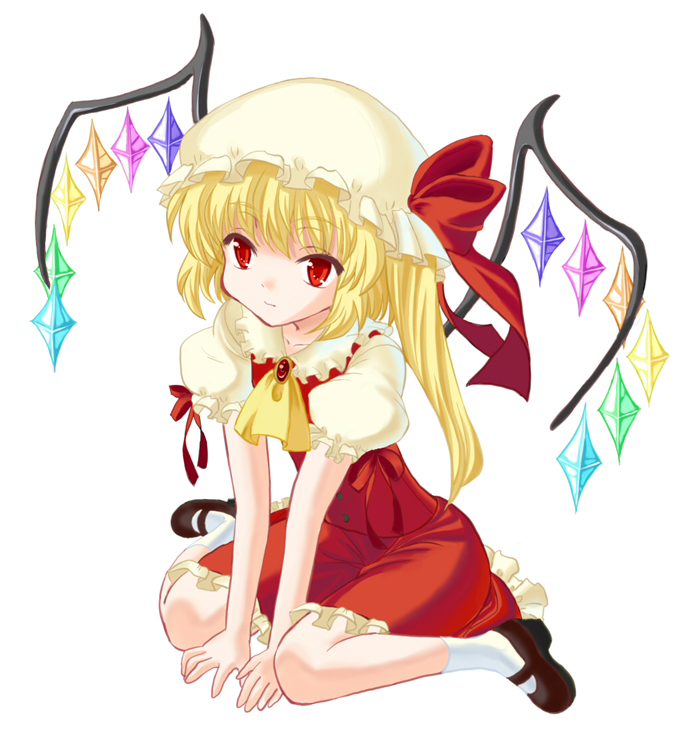 creamfully, flandre scarlet, embodiment of scarlet devil, touhou, bad id, bad pixiv id, 1girl, blonde hair, female focus, full body, hat, ponytail, red eyes, short hair, side ponytail, simple background, sitting, solo, wings
