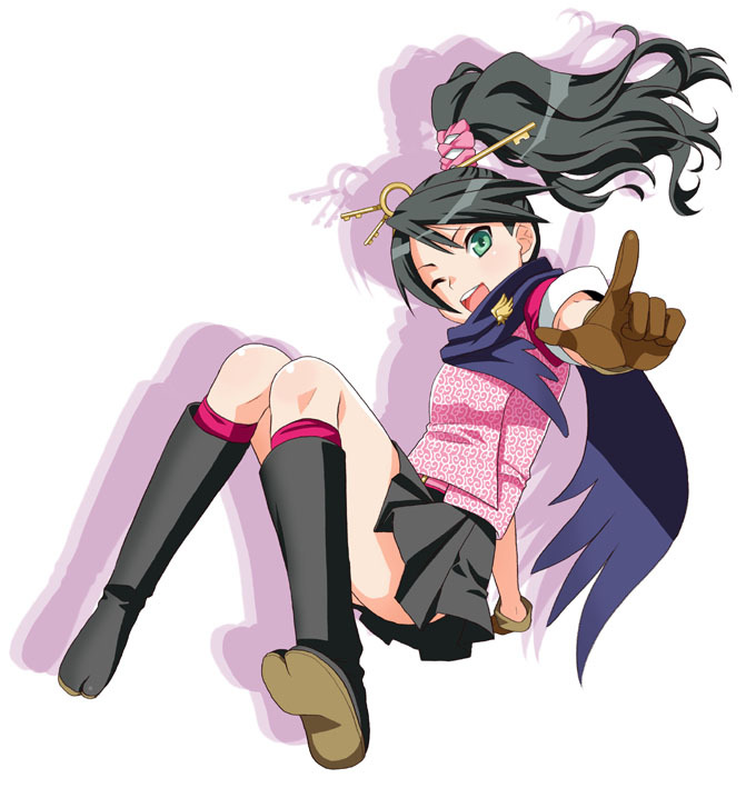 mattaku mousuke, kay faraday, ace attorney, ace attorney investigations, capcom, 1girl, black hair, female focus, green eyes, one eye closed, shadow, simple background, solo, white background, wink