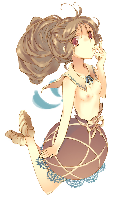 onodera, original, 1girl, antenna hair, arm at side, blue ribbon, blue wings, bow, breasts, brown hair, bubble skirt, detached collar, detached wings, female focus, finger to mouth, full body, lace, lace-trimmed skirt, lace trim, long hair, looking at viewer, neck ribbon, nipples, no shirt, ponytail, red eyes, red skirt, ribbon, shoes, simple background, skirt, small breasts, solo, topless female, white background, wings, yellow bow, yellow ribbon
