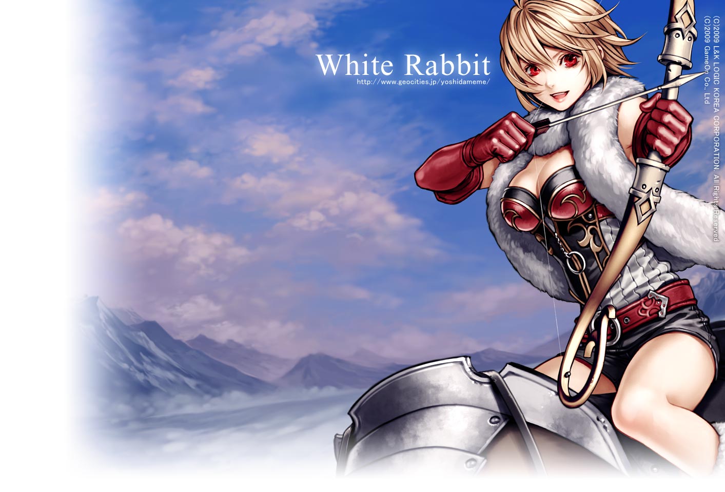yuki hayabusa, magic archer (red stone), original, red stone, official art, 1girl, :d, armor, arrow (projectile), belt, bow (weapon), breasts, brown hair, cleavage, cloud, elbow gloves, fantasy, fighting stance, foreshortening, fur trim, gloves, hair between eyes, large breasts, lipstick, looking at viewer, makeup, mountain, open mouth, outdoors, outstretched arm, red eyes, riding, short hair, short shorts, shorts, sitting, sky, smile, straddling, weapon, zipper