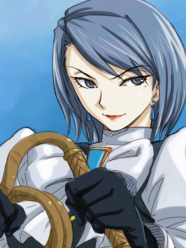 michael f91, franziska von karma, ace attorney, capcom, 1girl, blue hair, earrings, female focus, femdom, gloves, jewelry, mole, mole under eye, short hair, solo, whip