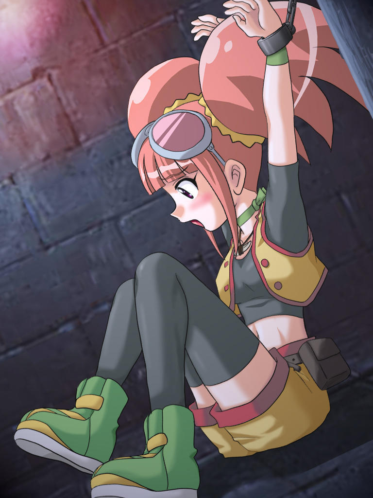 tatsuno malm, climax entertainment, dinosaur king, sega, 00s, chain, chained, cuffs, goggles, latex, open mouth, pink hair, restrained