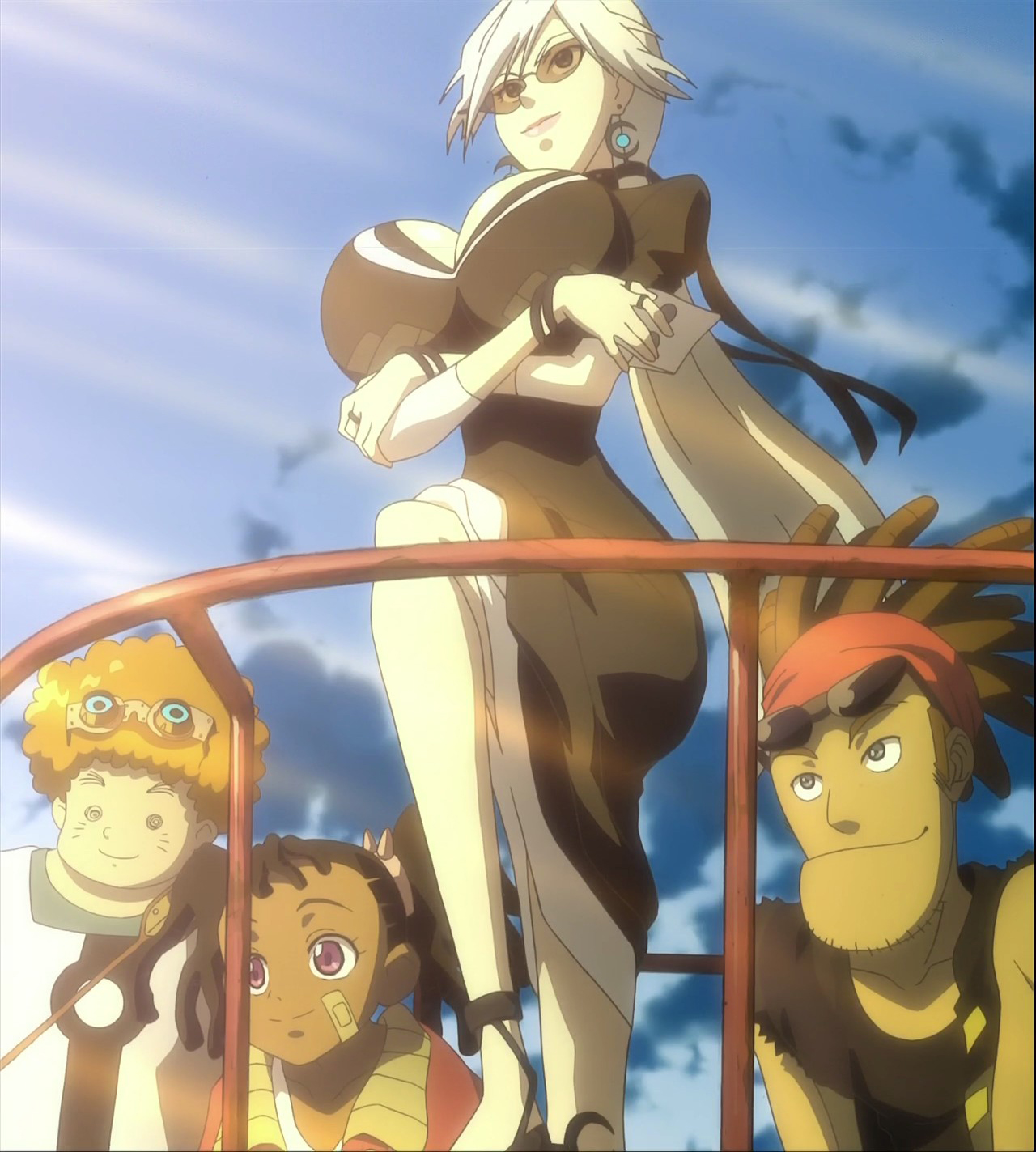 ayukawa miyuki, haruka gracia, basquash!, highres, 00s, 2boys, 2girls, @ @, bandaid, breasts, cloud, crossed arms, curly hair, earrings, eyewear on head, glasses, goggles, goggles on head, hairband, huge breasts, jewelry, light rays, long hair, multiple boys, multiple girls, narrow waist, orange hair, ring, sky, smile, sunbeam, sunglasses, sunlight, very long hair, white hair