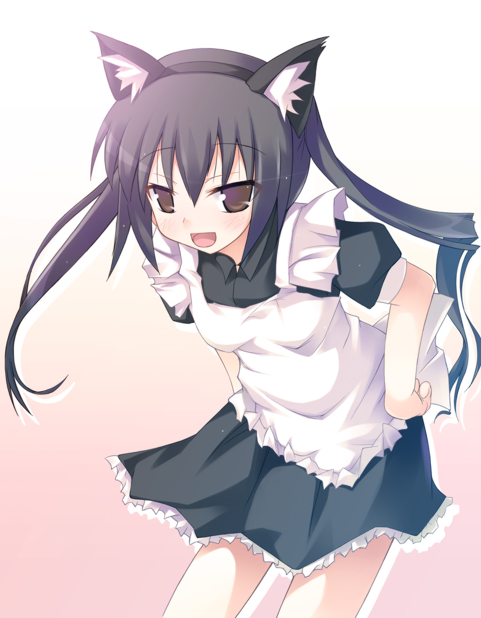safi, nakano azusa, k-on!, highres, 00s, 1girl, animal ears, apron, black hair, brown eyes, cat ears, dress, female focus, frilled dress, frills, hand on own hip, hip focus, long hair, maid, maid apron, simple background, solo, standing, twintails