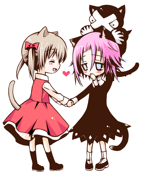 sakurazawa izumi, crona (soul eater), maka albarn, ragnarok (soul eater), soul eater, + +, 00s, 1girl, ^ ^, aged down, androgynous, animal ears, black dress, black skin, blonde hair, blouse, blue eyes, blush, bow, cat ears, cat tail, chibi, child, closed eyes, colored skin, dress, gloves, hair between eyes, hair bow, hands on another's head, heart, high collar, holding hands, open mouth, pink hair, red dress, school uniform, shirt, shoes, short twintails, shy, socks, spikes, tail, transparent background, twintails