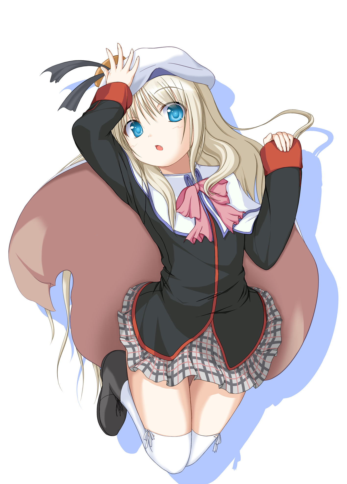 mizunoe kotaru, noumi kudryavka, little busters!, highres, 1girl, blonde hair, blue eyes, bow, cape, female focus, hat, head tilt, long hair, pink bow, plaid clothes, plaid skirt, school uniform, skirt, solo, thighhighs