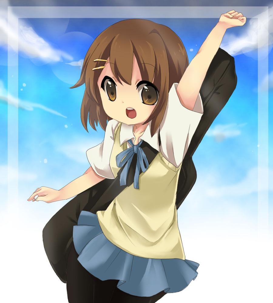 ayatamushi, hirasawa yui, k-on!, bad id, bad pixiv id, 00s, 1girl, brown eyes, brown hair, female focus, guitar case, instrument case, outdoors, pantyhose, school uniform, short hair, sky, solo