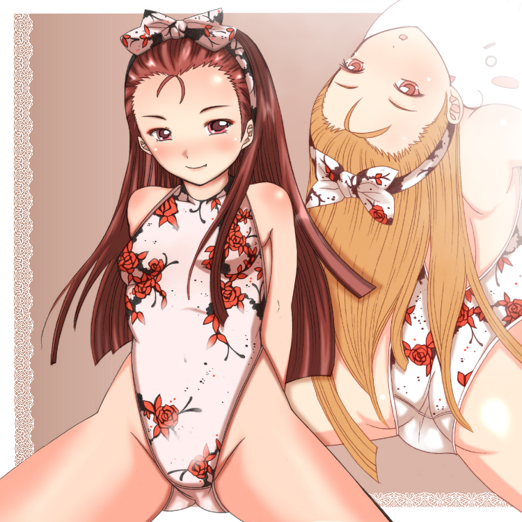 shiina you (tomoshibi), minase iori, idolmaster, idolmaster (classic), 00s, 1girl, brown eyes, brown hair, female focus, hairband, highleg, highleg one-piece swimsuit, long hair, one-piece swimsuit, solo, spread legs, swimsuit