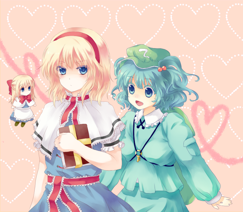 kai aki, alice margatroid, kawashiro nitori, shanghai doll, the iron of yin and yang, touhou, bad id, bad pixiv id, 2girls, annoyed, backpack, bag, blonde hair, blue eyes, blue hair, book, colored eyelashes, doll, female focus, grimoire, grimoire of alice, hair bobbles, hair ornament, hairband, hat, key, multiple girls, randoseru, short hair, tareme, tsurime, twintails, two side up