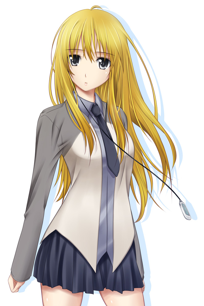 ribucci, el (djmax), djmax, djmax portable, bad id, bad pixiv id, 1girl, blonde hair, digital media player, digital walkman, earphones, female focus, grey eyes, long hair, necktie, skirt, solo, walkman b series
