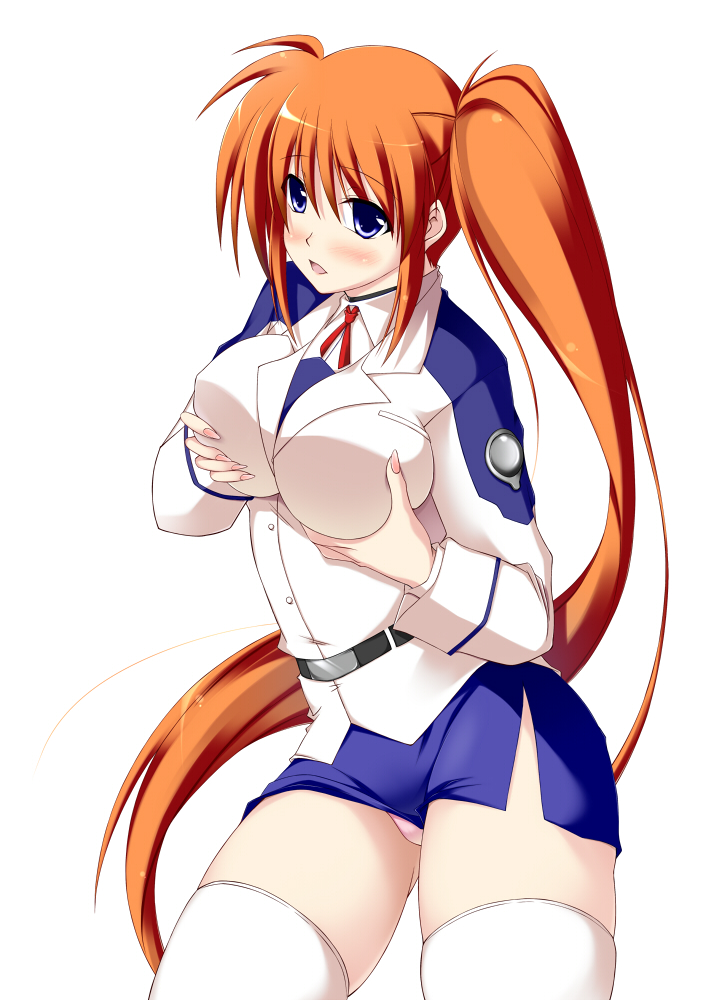 sakura yuu, takamachi nanoha, lyrical nanoha, mahou shoujo lyrical nanoha, mahou shoujo lyrical nanoha strikers, breast hold, 00s, 1girl, blue eyes, blush, breast lift, breasts, breasts squeezed together, brown hair, female focus, large breasts, long hair, panties, pantyshot, pencil skirt, purple eyes, side ponytail, side slit, skirt, solo, thighhighs, thighs, underwear, zettai ryouiki