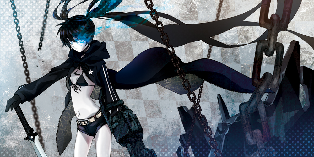 ayto, black rock shooter (character), black rock shooter, bad id, bad pixiv id, 10s, 1girl, bikini, bikini top only, black bikini, black hair, blue eyes, chain, female focus, glowing, glowing eyes, katana, long hair, midriff, navel, shorts, solo, swimsuit, sword, twintails, weapon