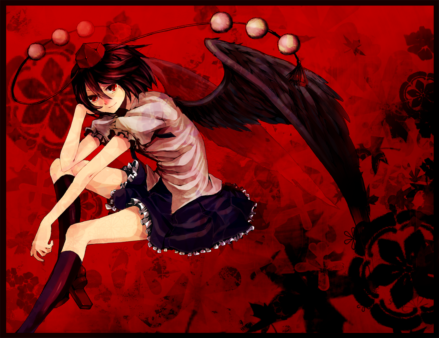 abaraya, mizutsuki, shameimaru aya, touhou, bad id, bad pixiv id, 1girl, black hair, black socks, black wings, border, female focus, geta, hat, kneehighs, looking at viewer, red eyes, red theme, short hair, smile, socks, solo, tengu-geta, tokin hat, wings
