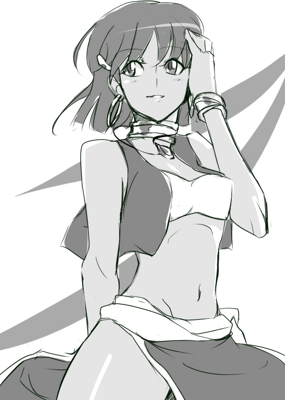 nana g, nadia la arwall, fushigi no umi no nadia, 1990s (style), 1girl, bandeau, female focus, greyscale, monochrome, retro artstyle, solo, strapless, tube top, vest