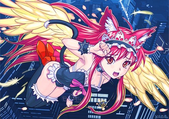 yonezawa mao, alastor (shakugan no shana), shana, shakugan no shana, 00s, 1girl, animal ears, cat ears, cat tail, female focus, frills, gothic lolita, hairband, jewelry, lolita fashion, pendant, red hair, solo, tail, thighhighs