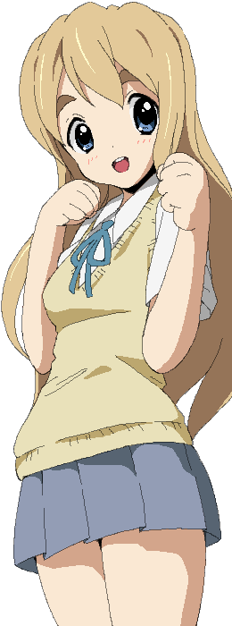 shino (pharmacy), kotobuki tsumugi, k-on!, eyebrows, 00s, 1girl, blonde hair, blue eyes, female focus, long hair, school uniform, simple background, solo, white background