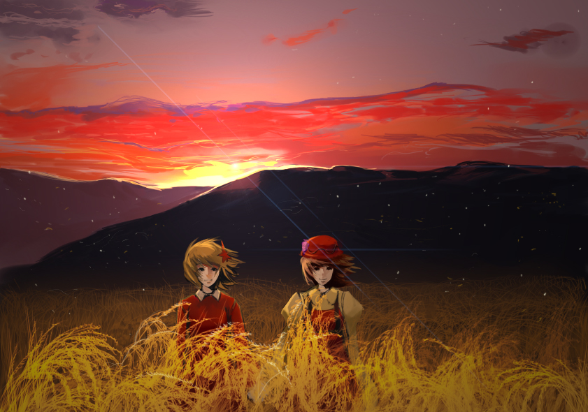 miatsushi, aki minoriko, aki shizuha, touhou, bad id, bad pixiv id, 2girls, female focus, multiple girls, siblings, sisters, sunset, wheat