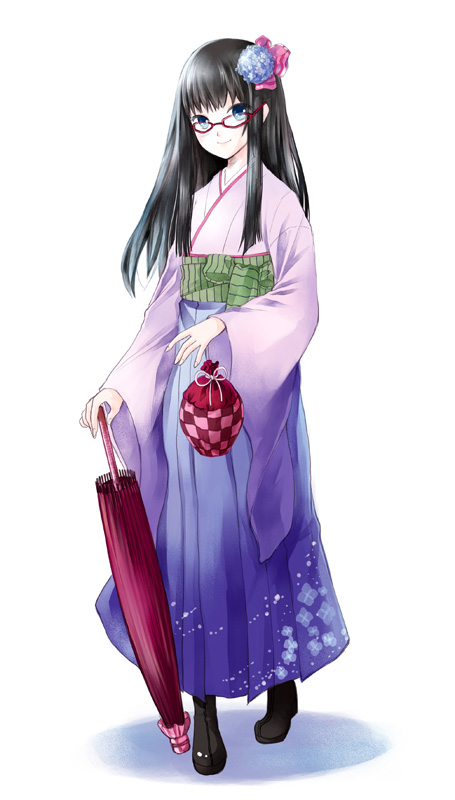 kaedena akino, miyabi akino, original, bad id, bad pixiv id, 1girl, black hair, blue eyes, female focus, flower, glasses, hair ornament, hakama, hakama skirt, japanese clothes, kimono, oil-paper umbrella, skirt, smile, solo, umbrella