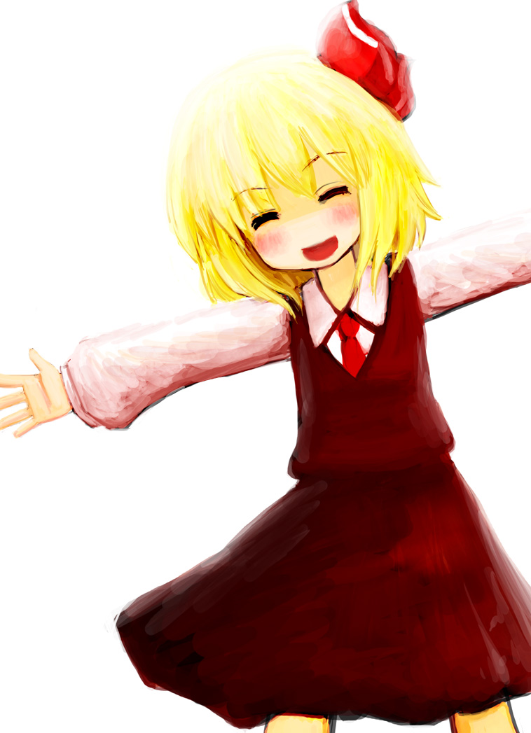 mugi (banban53), rumia, embodiment of scarlet devil, touhou, bad id, bad pixiv id, 1girl, blonde hair, blush, closed eyes, female focus, hair ribbon, necktie, outstretched arms, ribbon, short hair, smile, solo, spread arms, white background