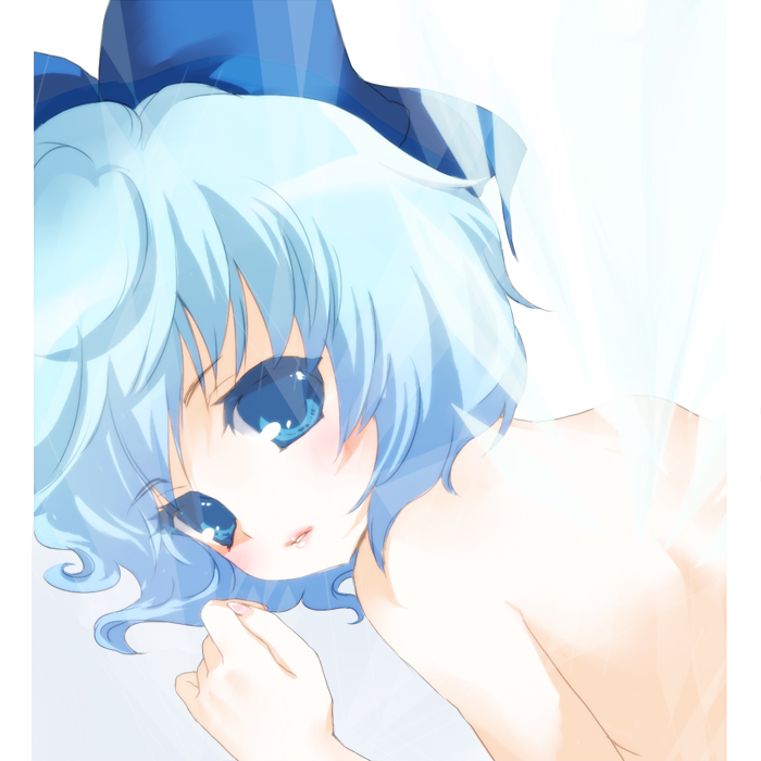 chikkuru, cirno, embodiment of scarlet devil, touhou, 1girl, back, blue eyes, blue hair, bow, close-up, colored eyelashes, eyelashes, female focus, hair bow, matching hair/eyes, nude, ribbon, short hair, solo, wings