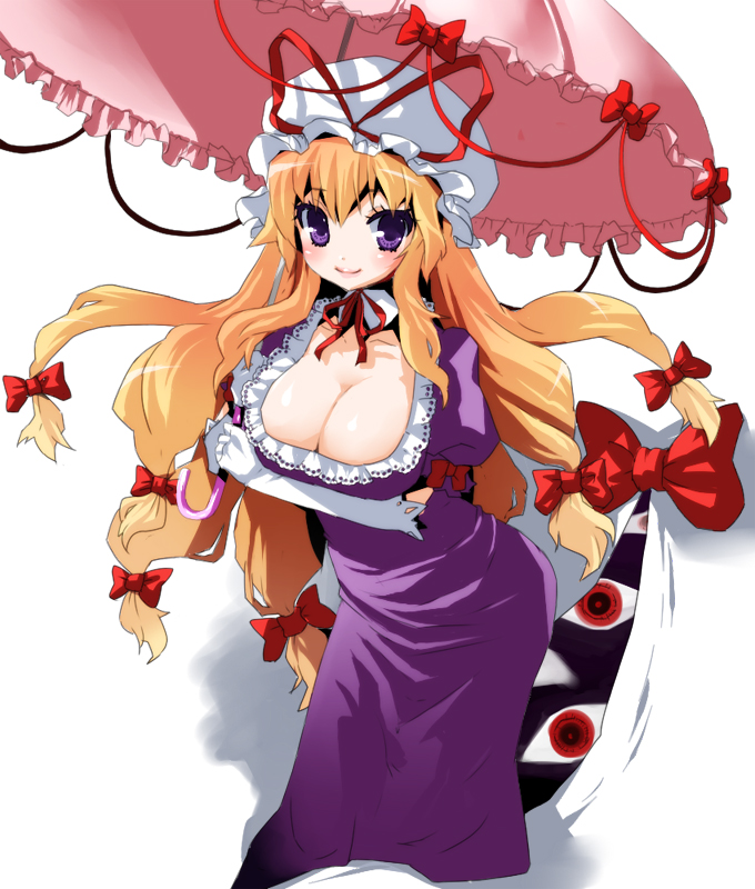 chikkuru, yakumo yukari, touhou, 1girl, blonde hair, blush, breasts, dress, elbow gloves, female focus, gloves, hat, large breasts, long hair, purple eyes, ribbon, solo, umbrella, white background