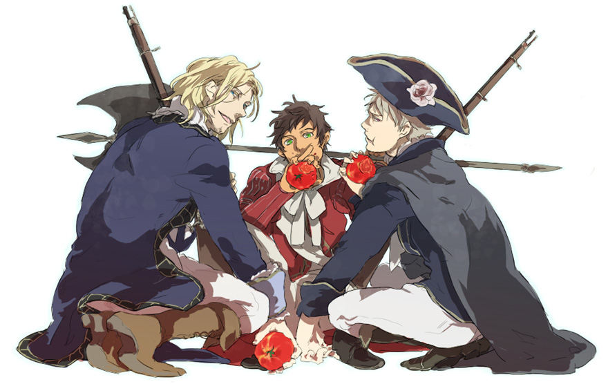 tsuneko (trauma), france (hetalia), prussia (hetalia), spain (hetalia), axis powers hetalia, silver hair, 00s, 3boys, ascot, axe, bad friends trio (hetalia), blonde hair, brown hair, cape, coat, eating, gun, hat, male focus, military, military uniform, multiple boys, musket, musketeer, pirate, rifle, tomato, trench coat, tricorne, weapon