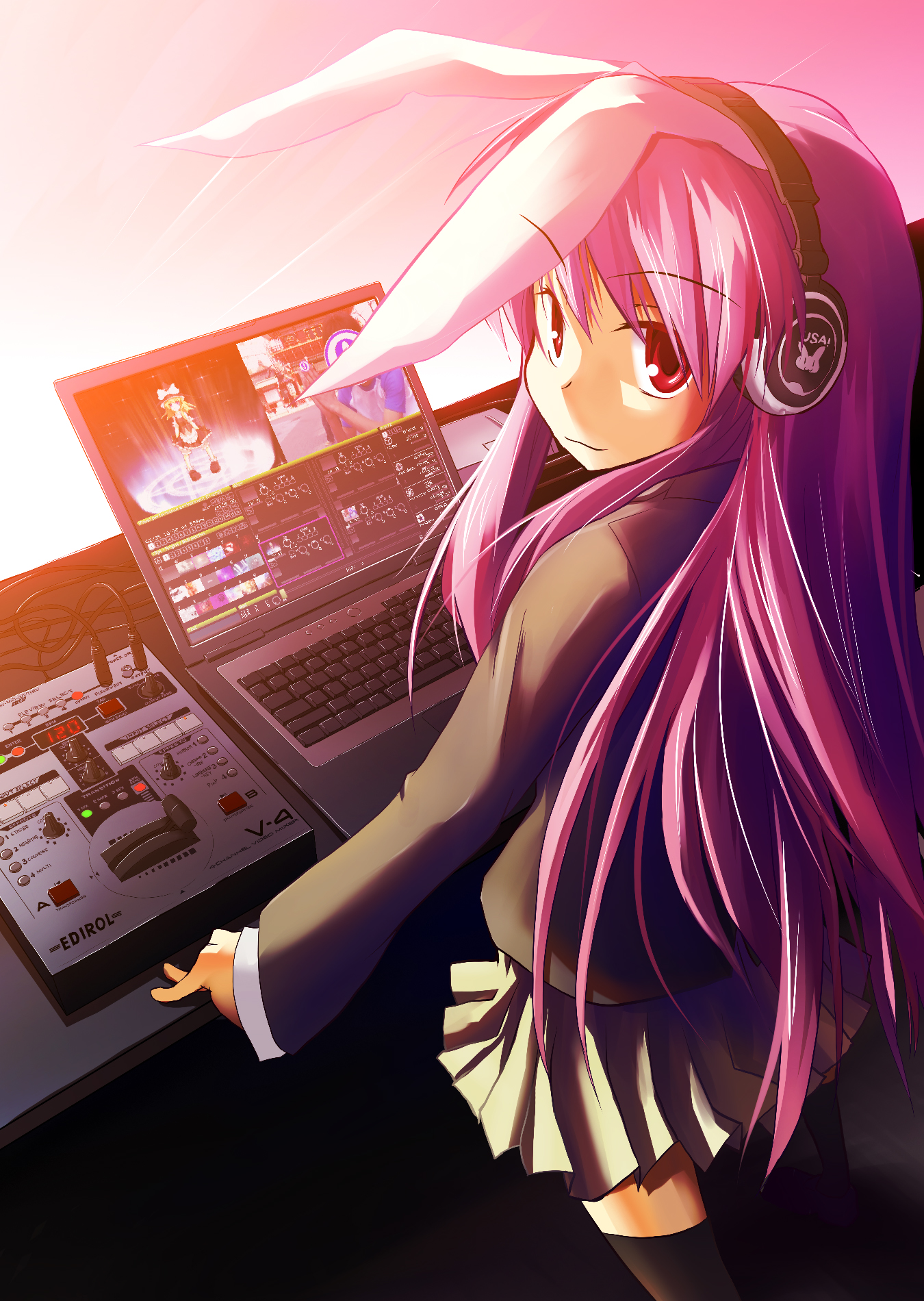 murasin, kirisame marisa, reisen udongein inaba, touhou, highres, 1girl, animal ears, blazer, circled 9, female focus, headphones, instrument, jacket, keyboard, keyboard (instrument), long hair, pink hair, rabbit ears, red eyes, solo, thighhighs