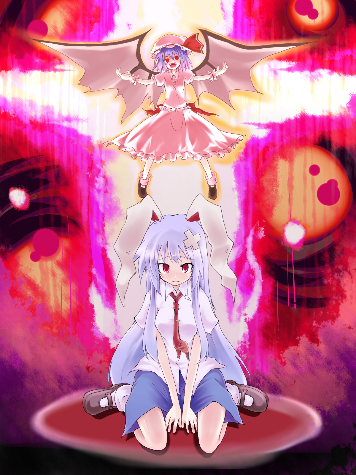 amagase lyle, reisen udongein inaba, remilia scarlet, touhou, highres, 2girls, animal ears, female focus, full body, multiple girls, rabbit ears, sitting