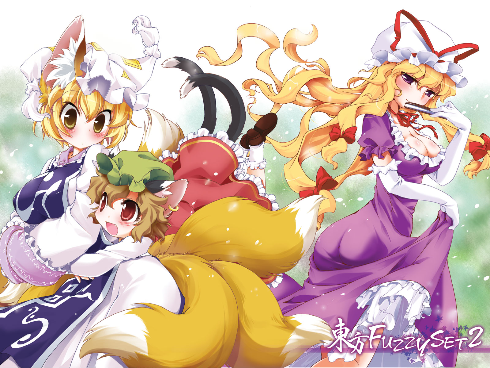 ikuta takanon, chen, yakumo ran, yakumo yukari, touhou, highres, 3girls, animal ears, blonde hair, blush, breasts, brown hair, cat ears, cat girl, cat tail, cleavage, earrings, elbow gloves, female focus, fox ears, fox tail, gloves, hair ribbon, hat, jewelry, long hair, multiple girls, multiple tails, purple eyes, red eyes, ribbon, short hair, tail, yellow eyes