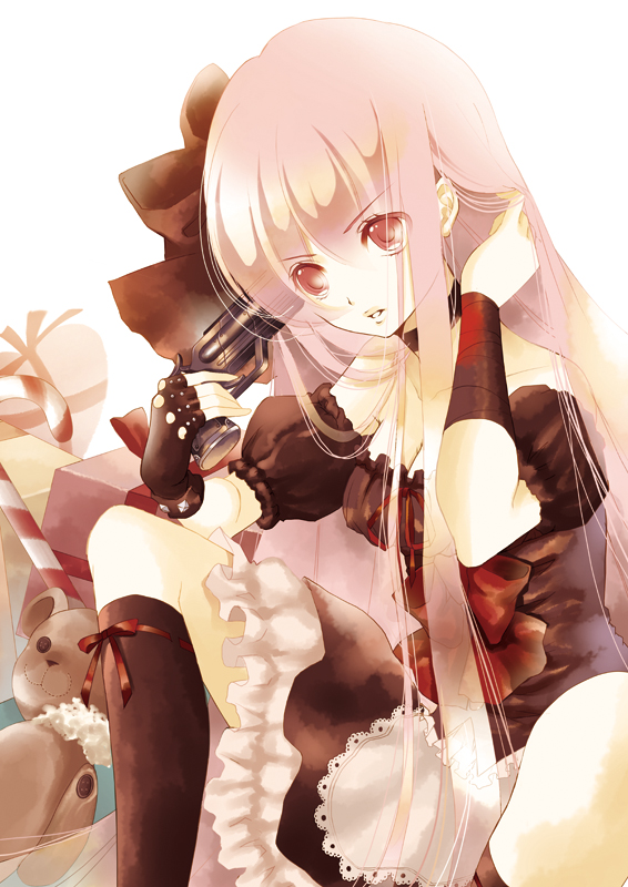 okuma mai, original, bad id, bad pixiv id, bare shoulders, candy, candy cane, choker, food, gloves, gun, gun to head, pink eyes, pink hair, ribbon, stuffed animal, stuffed toy, suicide, teddy bear, weapon