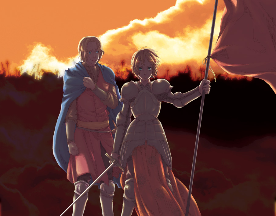 sawaragi (artist), sawaragi (swrgymg), france (hetalia), jeanne d'arc (hetalia), axis powers hetalia, bad id, bad pixiv id, 00s, 1boy, 1girl, armor, battlefield, blonde hair, blue eyes, cape, cloud, corpse, cross, flag, knight, medieval, saint, short hair, sword, twilight, weapon