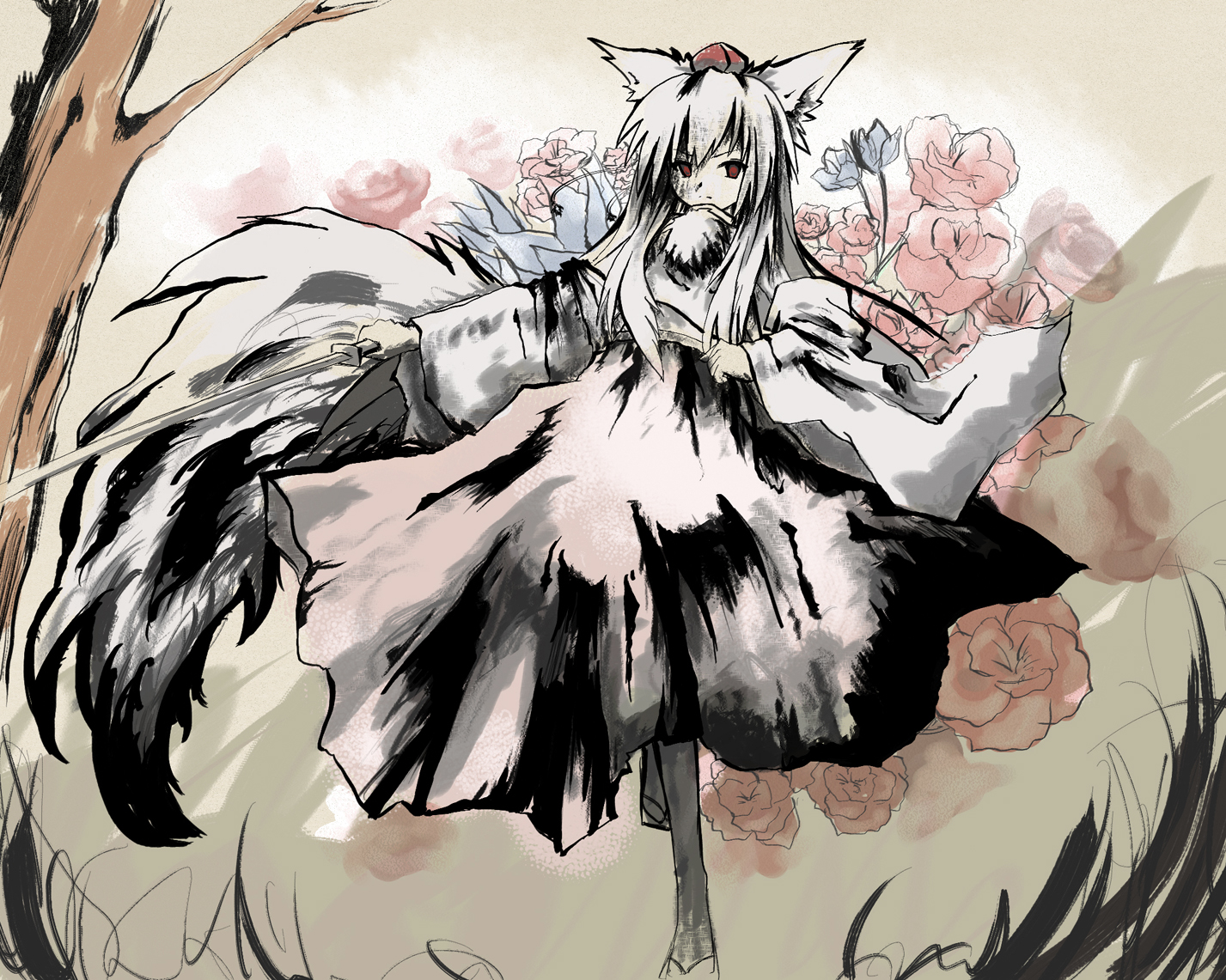 seroth, inubashiri momiji, touhou, 1girl, animal ears, detached sleeves, dress, female focus, hat, long sleeves, looking at viewer, outdoors, plant, red eyes, solo, standing, tokin hat, tree, white dress, white hair, wolf ears