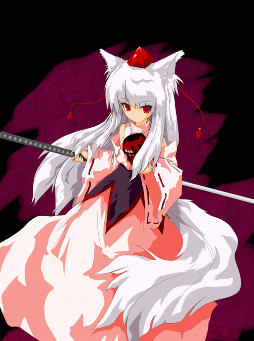 seroth, inubashiri momiji, touhou, silver hair, 1girl, alternate hair length, alternate hairstyle, animal ears, female focus, hat, long hair, mask, red eyes, solo, sword, tail, tokin hat, weapon, wolf ears, wolf tail