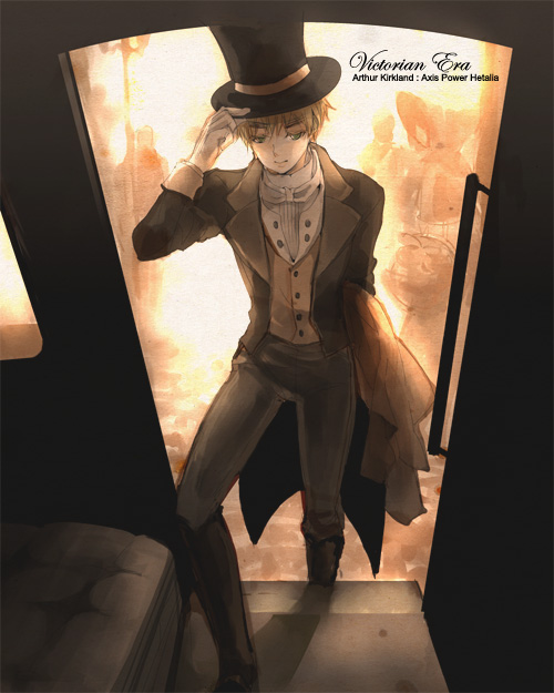 nair (mindcreator), united kingdom (hetalia), axis powers hetalia, 00s, 1boy, 1girl, blonde hair, carriage, coat, female focus, gloves, green eyes, hat, hat tip, indoors, male focus, outdoors, solo, top hat, trench coat, victorian