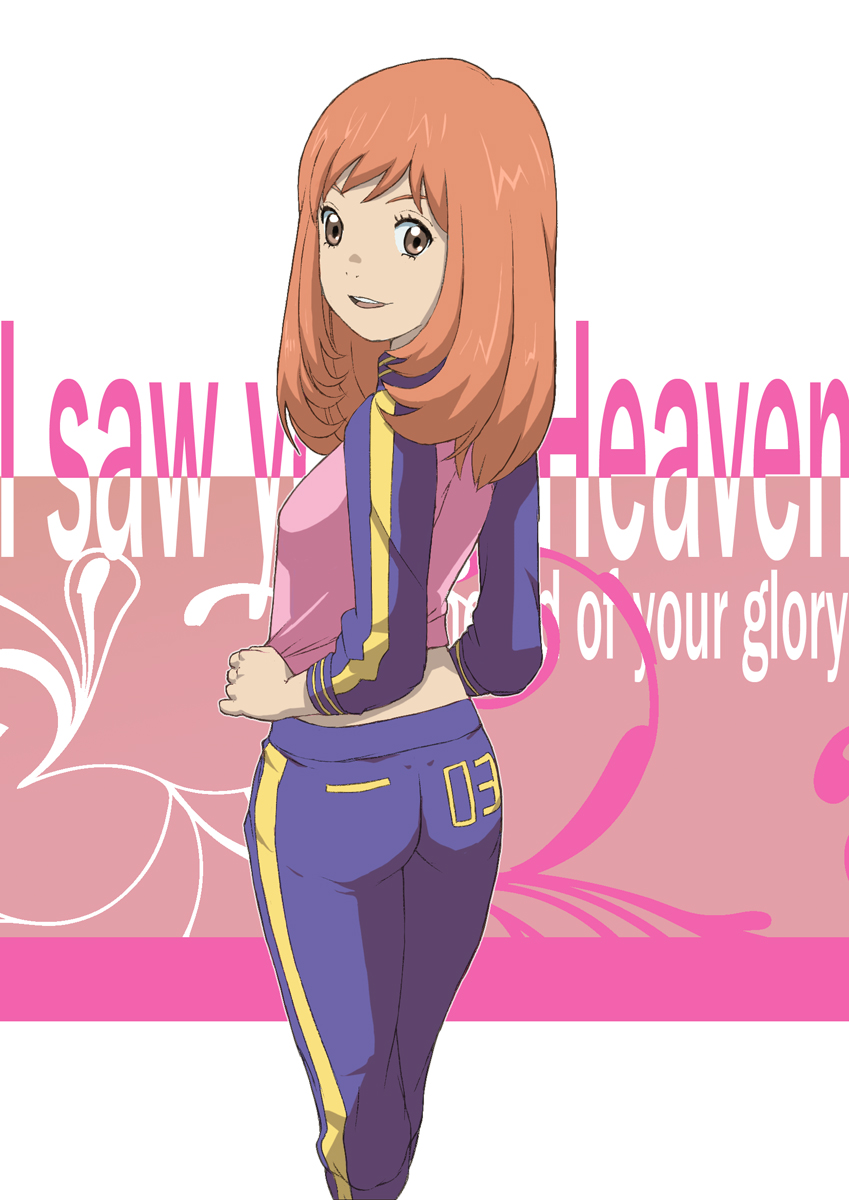 makoto daikichi, morimi saki, higashi no eden, highres, 00s, 1girl, ass, brown eyes, female focus, long hair, looking back, midriff, orange hair, raglan sleeves, smile, solo