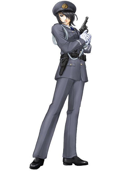 1girl, black shoes, female focus, gloves, grey hat, gun, handgun, hat, japan national police, pistol, police, police uniform, policewoman, revolver, shoes, solo, type43, weapon