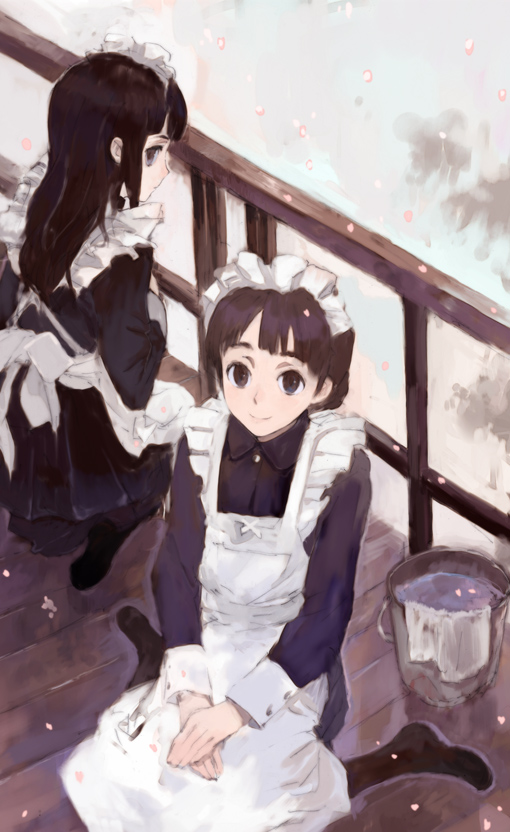 toi8, 1girl, apron, black hair, bucket, bucket of water, female focus, hairband, long hair, looking at viewer, looking back, maid, maid apron, short hair, sitting, solo, wariza