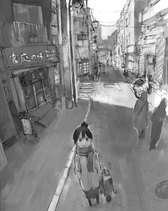 toi8, 1girl, greyscale, looking up, monochrome, road, scarf, solo focus, street, vanishing point