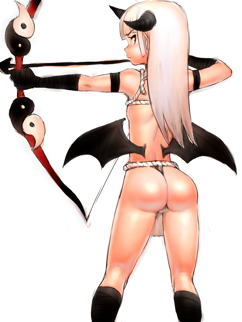 fumio (rsqkr), original, 1girl, ass, back, bat wings, blunt bangs, blush, bow, bow (weapon), demon girl, female focus, from behind, fundoshi, horns, japanese clothes, kneepits, loincloth, long hair, looking back, low wings, panties, red eyes, rope, shiny skin, sketch, solo, thong, underwear, weapon, wedgie, white hair, wings