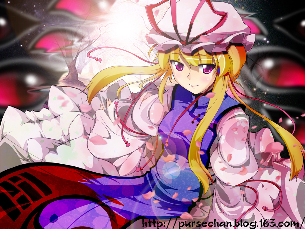 chenjicai, pursechan, yakumo yukari, touhou, bad id, bad pixiv id, 1girl, blonde hair, blush, closed mouth, evil smile, eyeball, female focus, hat, hat ribbon, long hair, long sleeves, looking at viewer, monster, pink eyes, ribbon, sidelocks, smile, solo, tabard, very long hair